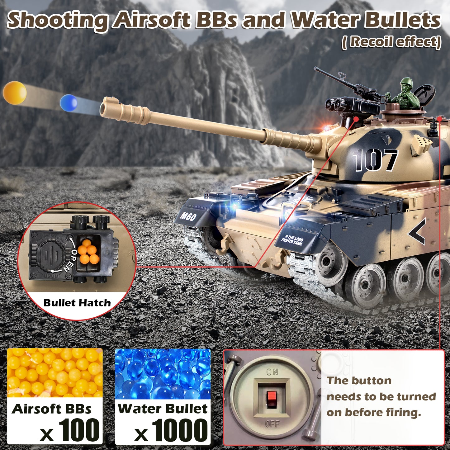 1:18 Yellow Alloy Metal US M60 RC Tank 824Pro